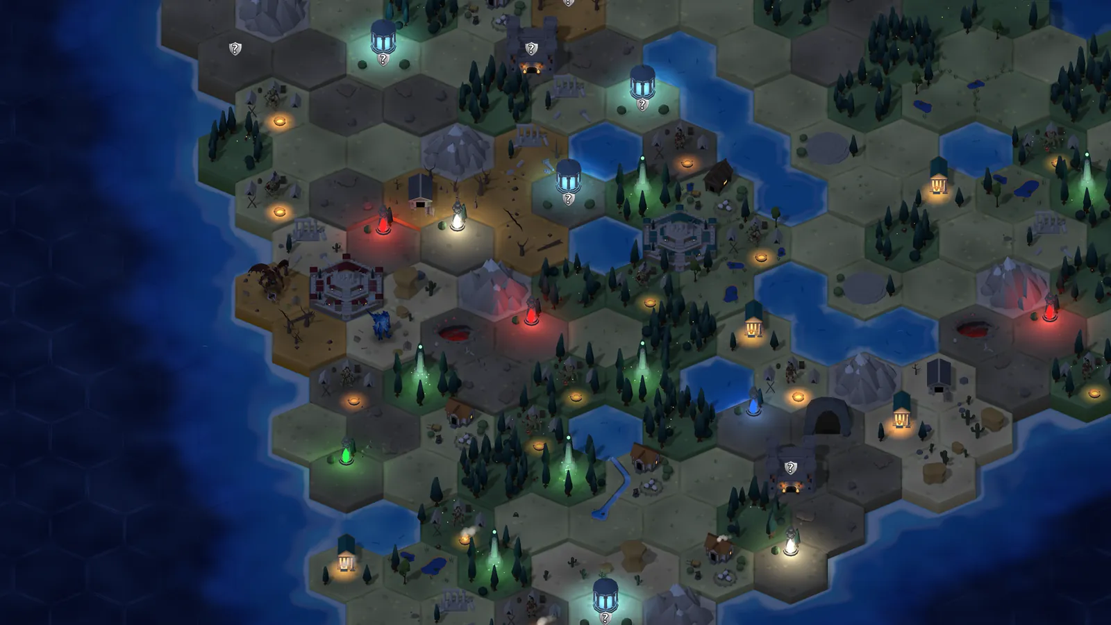 Die Karte bei Nacht, beleuchtet von Lagerfeuern und Stadtlichtern