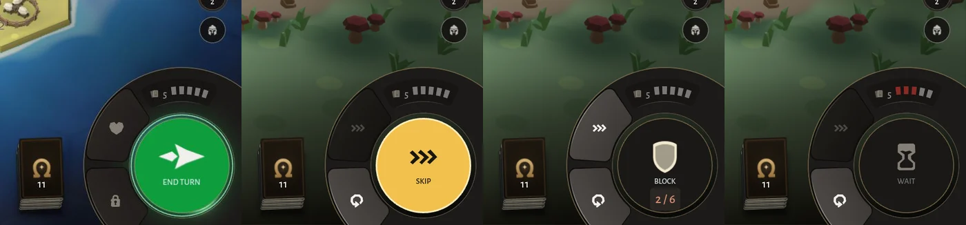 The ring as End Turn, Skip, Block with the blow total, and Wait with red Wound notches