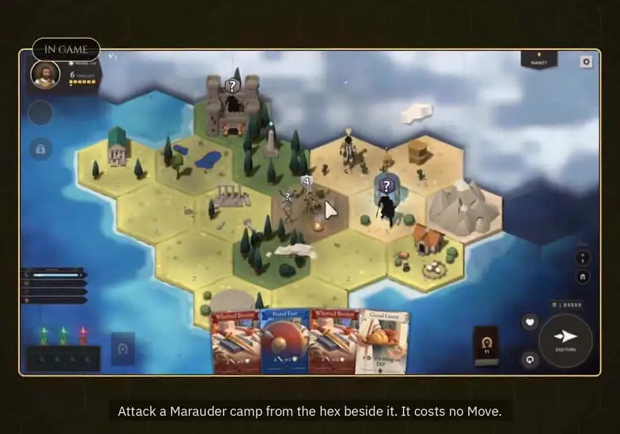 A moment from the How to Play video: attacking a Marauder camp