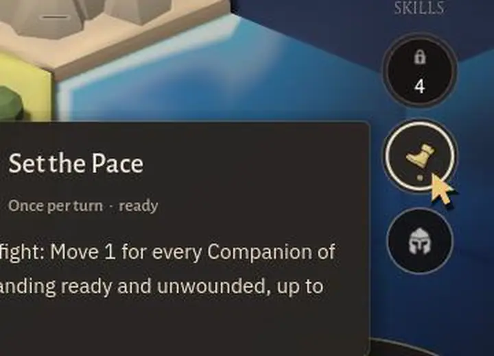 A skill token glowing, lifting and turning face down in a puff of dust