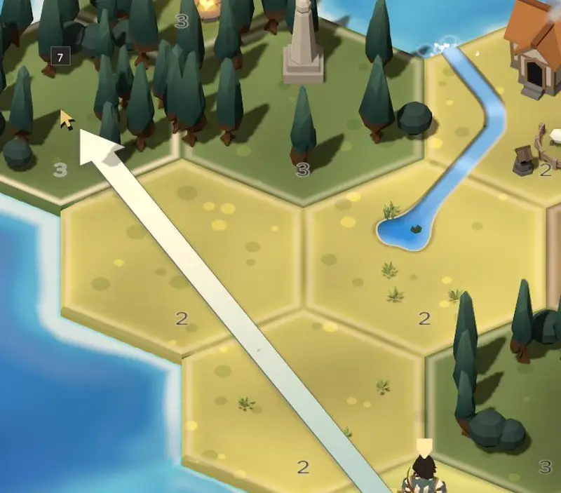 One click on a hex three steps away, and the hero walks the whole route
