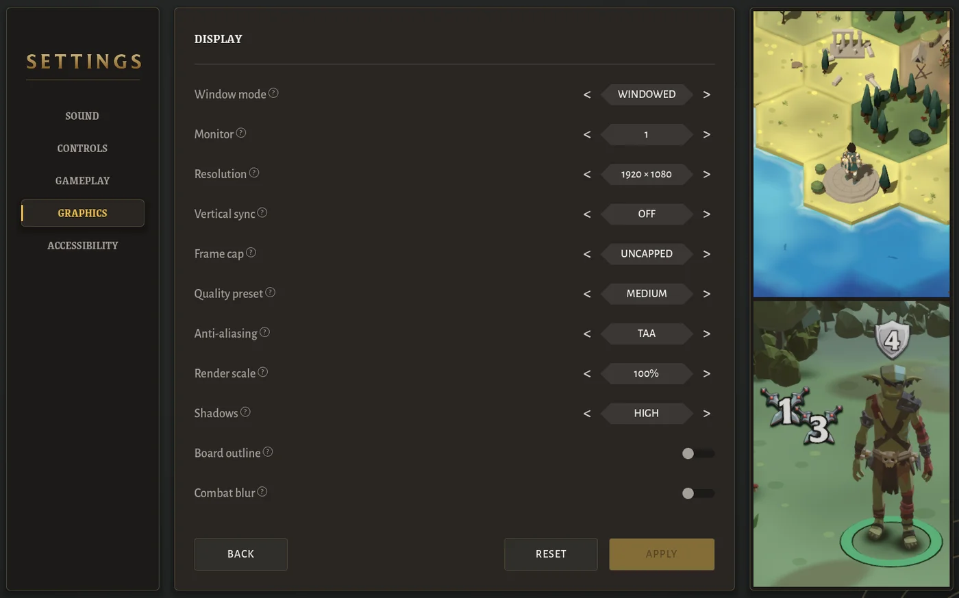 The Graphics settings with the map and fight preview