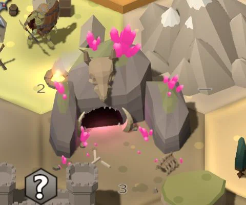 The lair on the map: a crag with a cave mouth and pink crystals