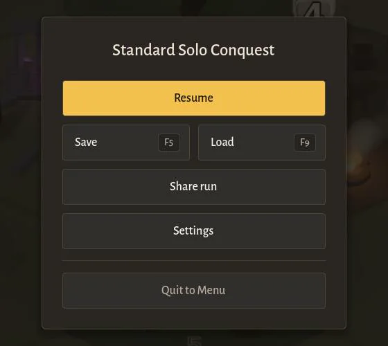 The game menu with Share run under Save and Load