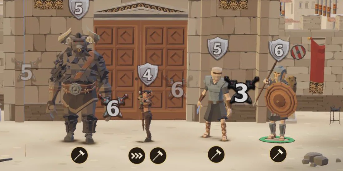 Two enemies blocked: the ones still to hit you keep their weapons raised