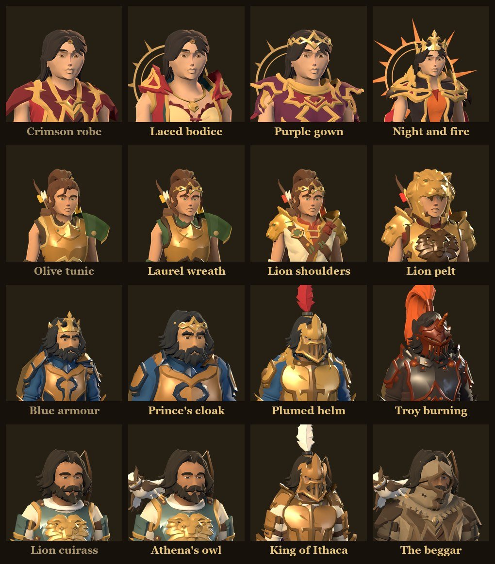 The four heroes, each in their usual outfit and three skins