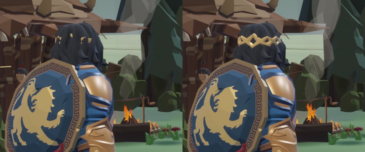 Aeneas' circlet in a fight, before and after