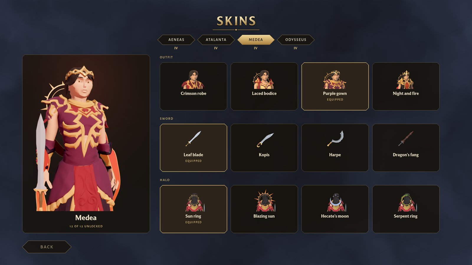 The new Skins screen: every outfit and piece of gear on the turning hero, and how to unlock each one